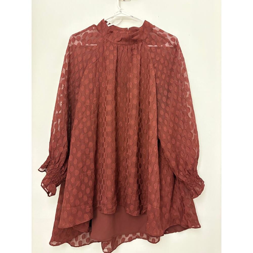 DR2 Rust Brown Sheer Dotted Mock Neck Ruffle Blouse Long Sleeve Great Used